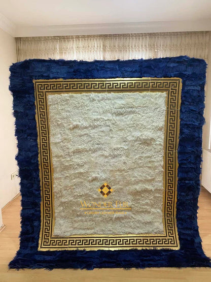 Patchwork Handmade Blue White Natural Sheepskin Bedroom 6x8 Rug