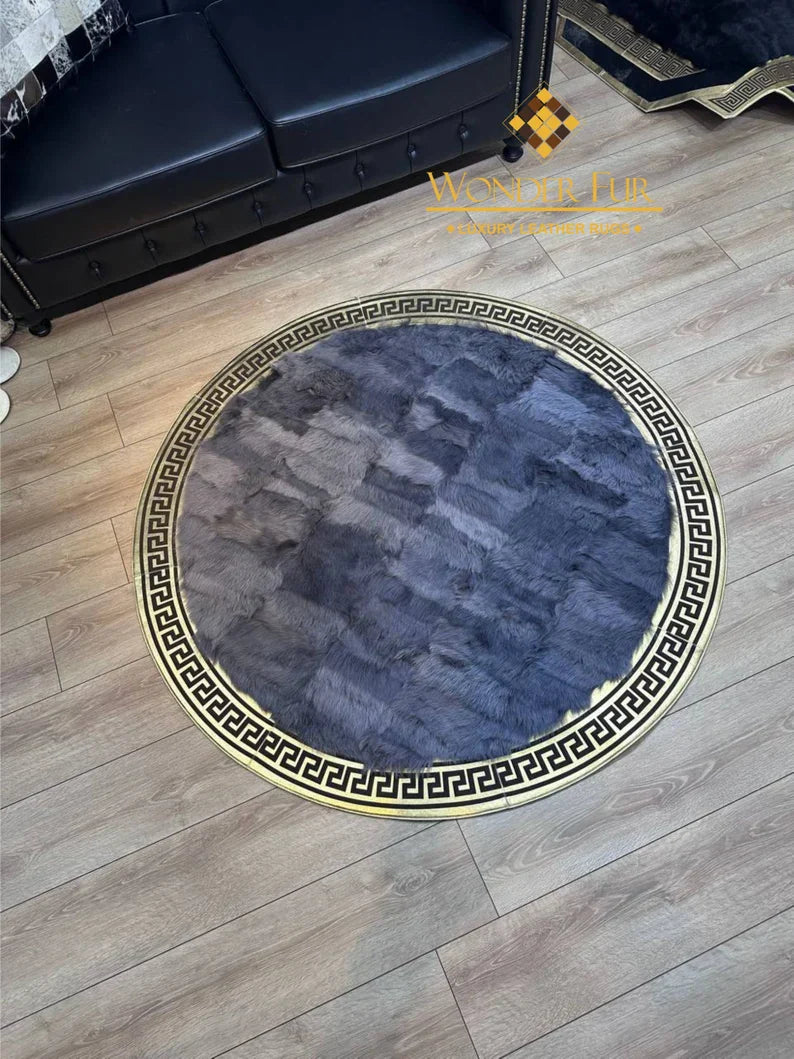 Decorative Handmade Gray Gold Natural Sheepskin Office Round Soft Rug