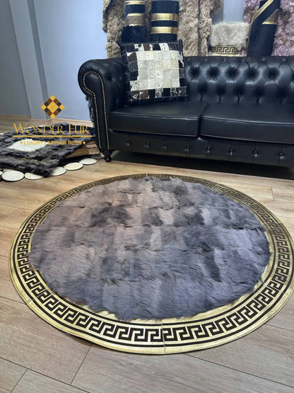 Decorative Handmade Gray Gold Natural Sheepskin Office Round Soft Rug