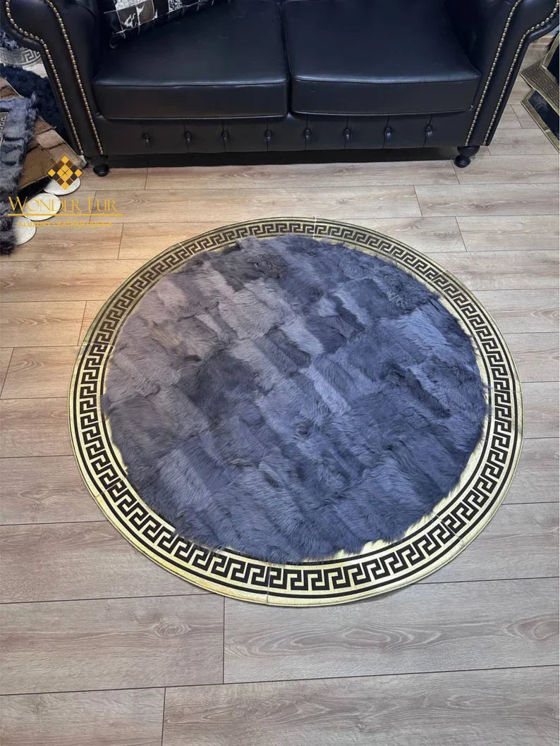 Decorative Handmade Gray Gold Natural Sheepskin Office Round Soft Rug