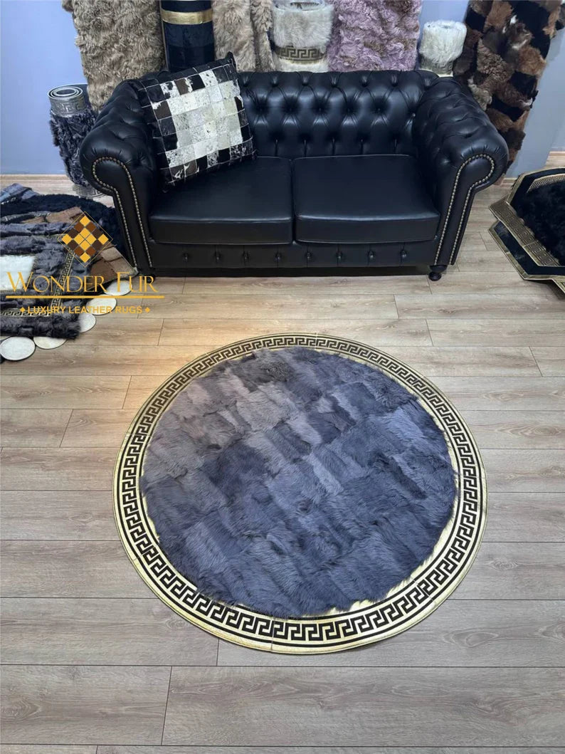 Decorative Handmade Gray Gold Natural Sheepskin Office Round Soft Rug