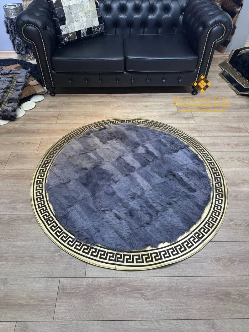 Decorative Handmade Gray Gold Natural Sheepskin Office Round Soft Rug