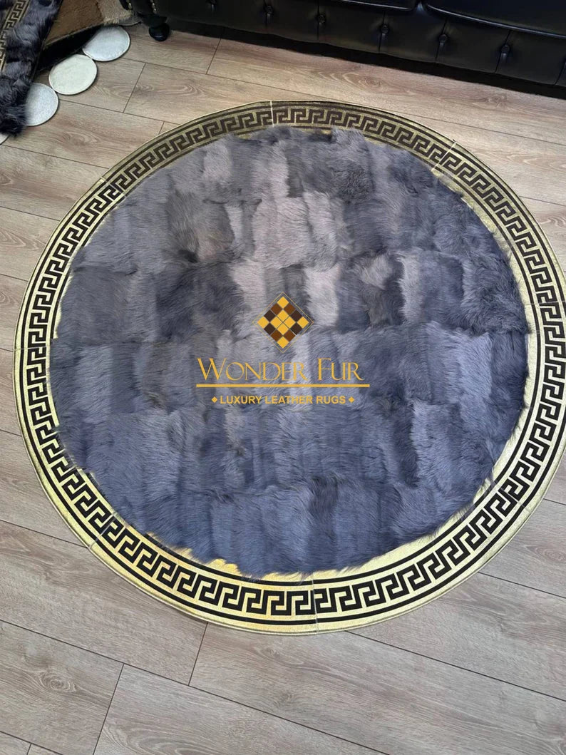 Decorative Handmade Gray Gold Natural Sheepskin Office Round Soft Rug