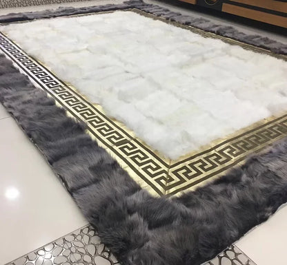 Gray and White Real Sheepskin Area Rug, Modern Handmade Fur Area Rug