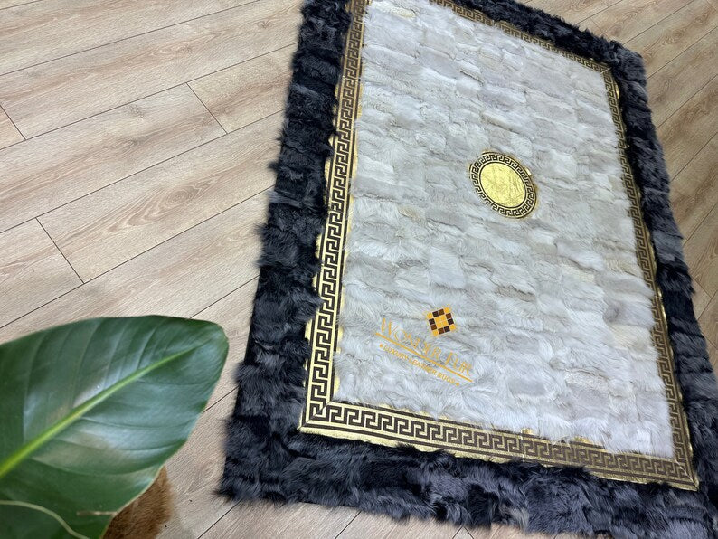 Unique Customizable Gray White Real Sheepskin Handmade Living Room Rug