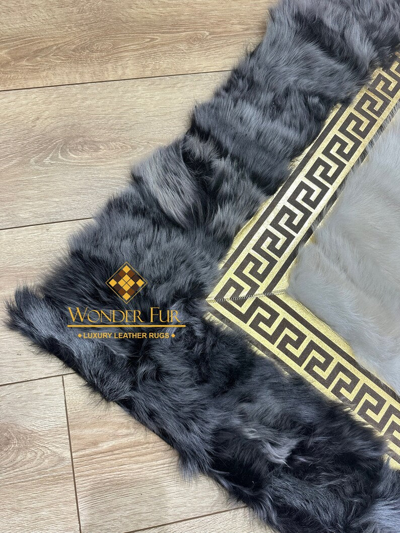 Unique Customizable Gray White Real Sheepskin Handmade Living Room Rug