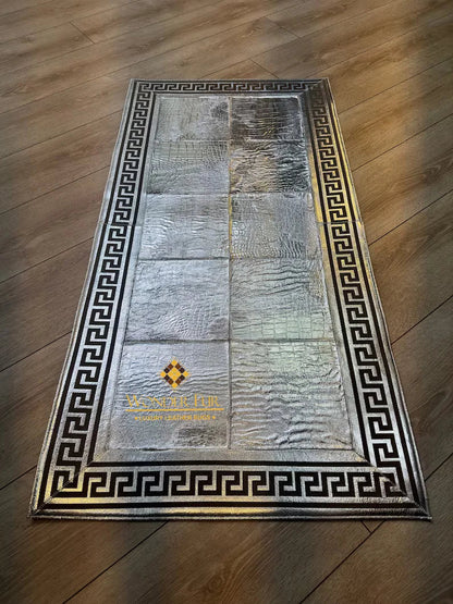 Cowhide Area Rug, Greek Key Pattern Natural Handmade Cowhide Patchwork Rug, Unique Rug