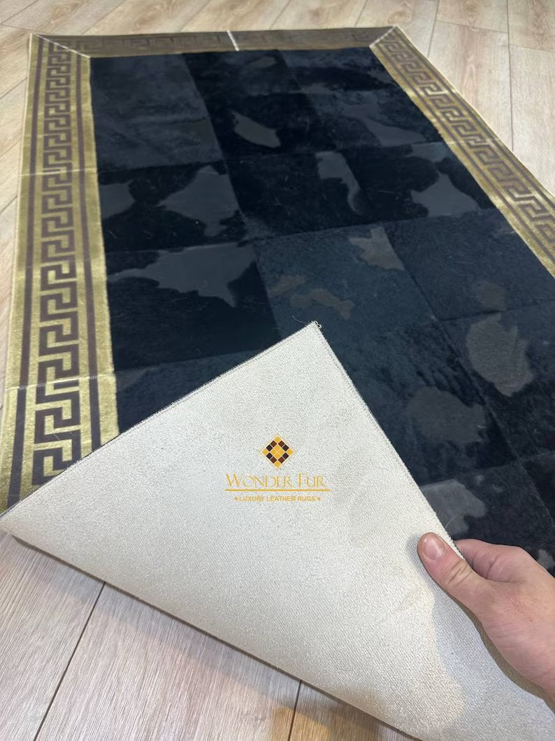 Gold and Black Luxury Natural Cowhide Rug with Greek Key Pattern, 100% Genuine Handmade Cowhide Rug