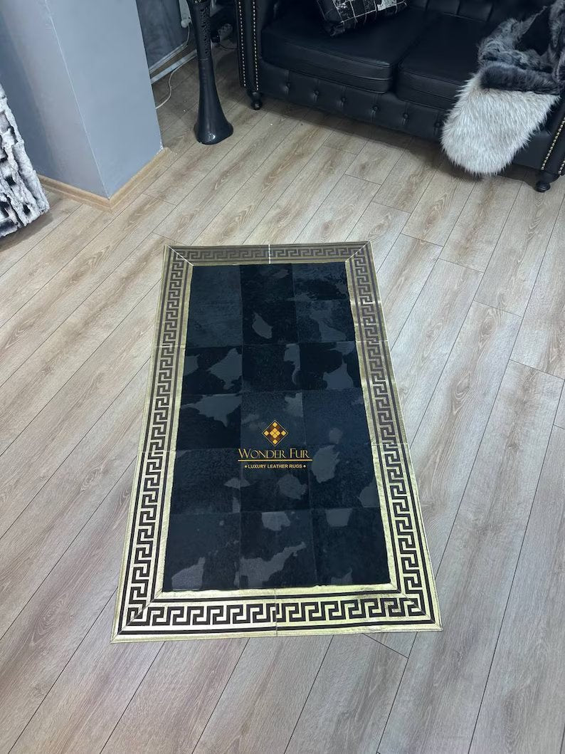 Gold and Black Luxury Natural Cowhide Rug with Greek Key Pattern, 100% Genuine Handmade Cowhide Rug