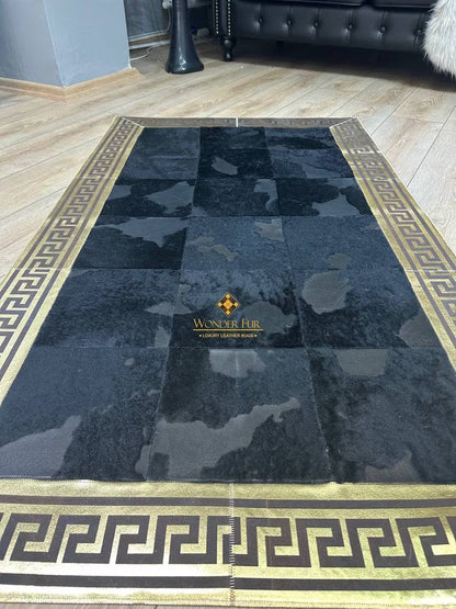 Gold and Black Luxury Natural Cowhide Rug with Greek Key Pattern, 100% Genuine Handmade Cowhide Rug