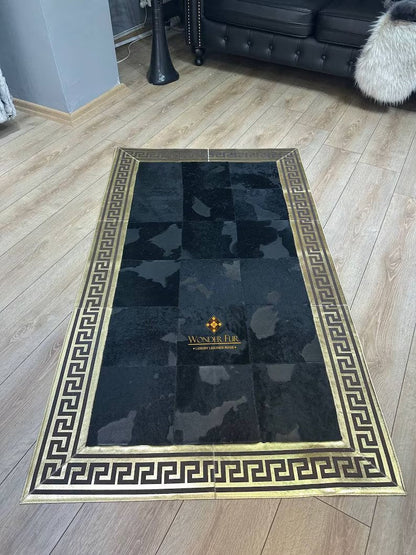 Gold and Black Luxury Natural Cowhide Rug with Greek Key Pattern, 100% Genuine Handmade Cowhide Rug