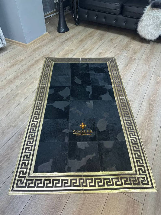 Gold and Black Luxury Natural Cowhide Rug with Greek Key Pattern, 100% Genuine Handmade Cowhide Rug