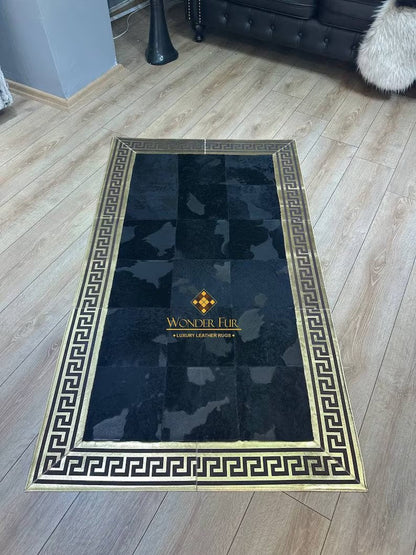 Gold and Black Luxury Natural Cowhide Rug with Greek Key Pattern, 100% Genuine Handmade Cowhide Rug