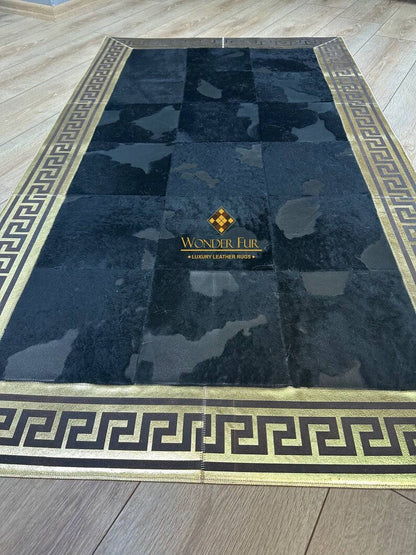 Gold and Black Luxury Natural Cowhide Rug with Greek Key Pattern, 100% Genuine Handmade Cowhide Rug