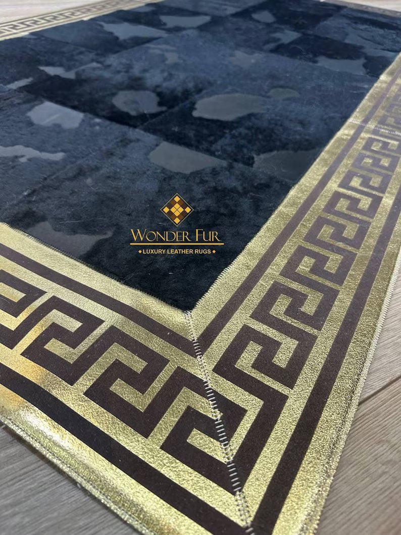 Gold and Black Luxury Natural Cowhide Rug with Greek Key Pattern, 100% Genuine Handmade Cowhide Rug