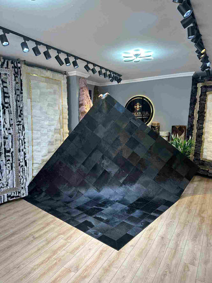 Black Customizable Cowhide Area Floor Rug, Handmade Patchwork Rug, Luxury Carpet for Bed Room