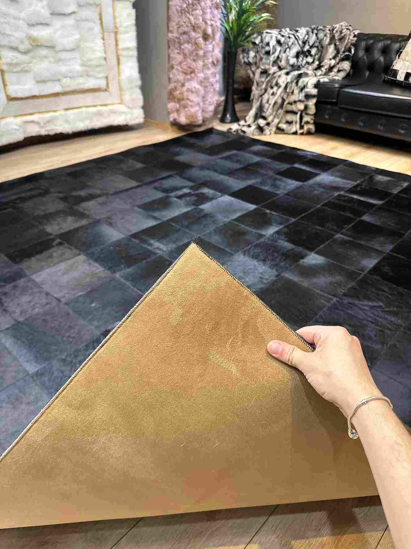 Black Customizable Cowhide Area Floor Rug, Handmade Patchwork Rug, Luxury Carpet for Bed Room