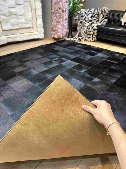 Black Customizable Cowhide Area Floor Rug, Handmade Patchwork Rug, Luxury Carpet for Bed Room