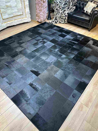 Black Customizable Cowhide Area Floor Rug, Handmade Patchwork Rug, Luxury Carpet for Bed Room