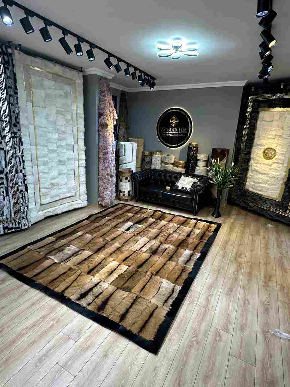 Brown Soft Natural Goatkin Area Rug with Black Border, Handmade Elegance