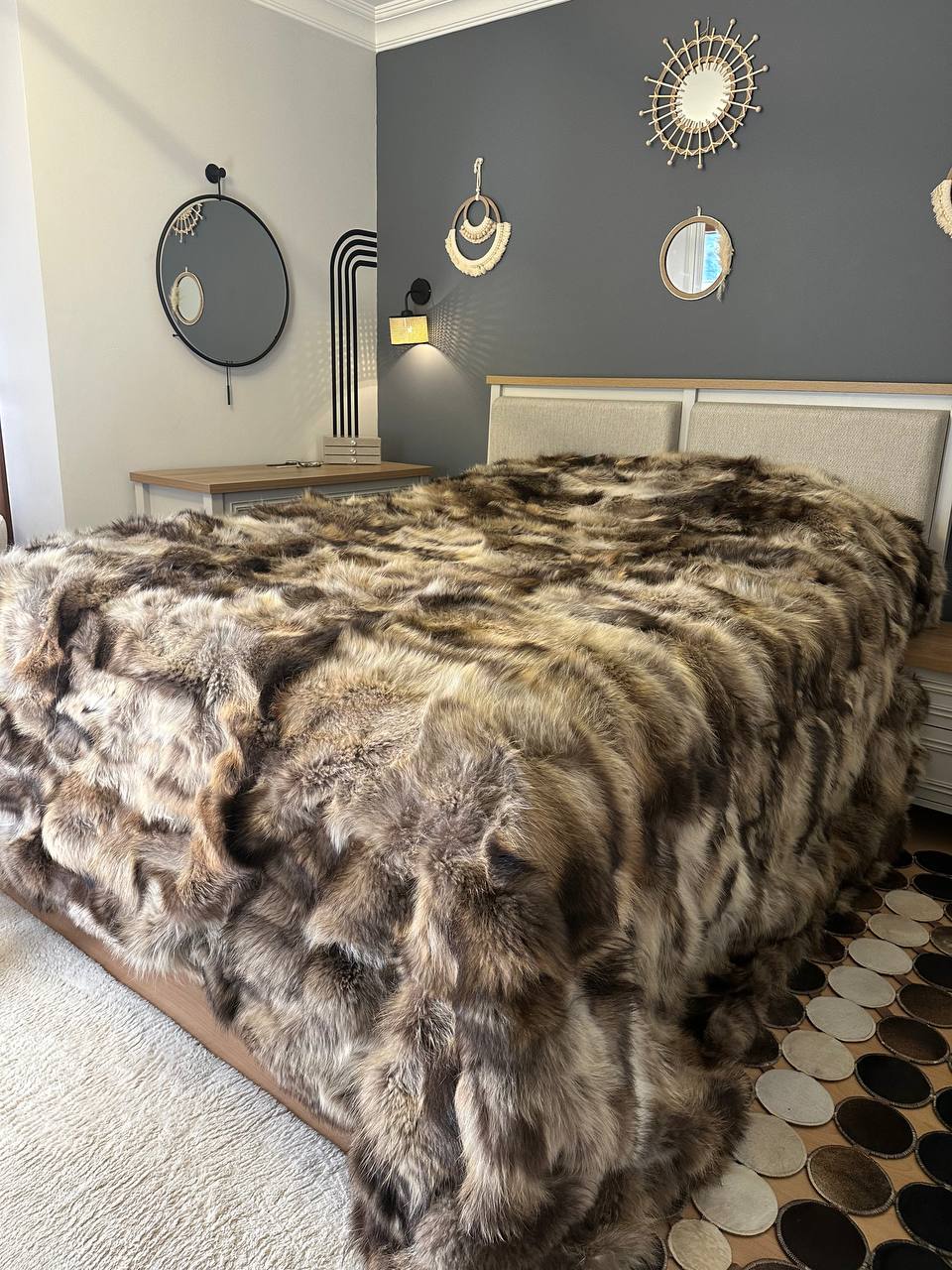 Handmade Natural Raccoon Fur Bedspread, 100% Handmade Shaggy Throw Blanket