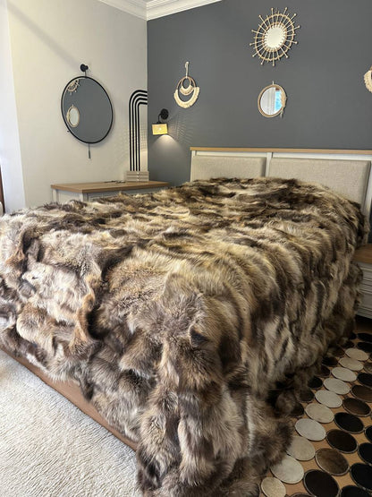 Handmade Natural Raccoon Fur Bedspread, 100% Handmade Shaggy Throw Blanket