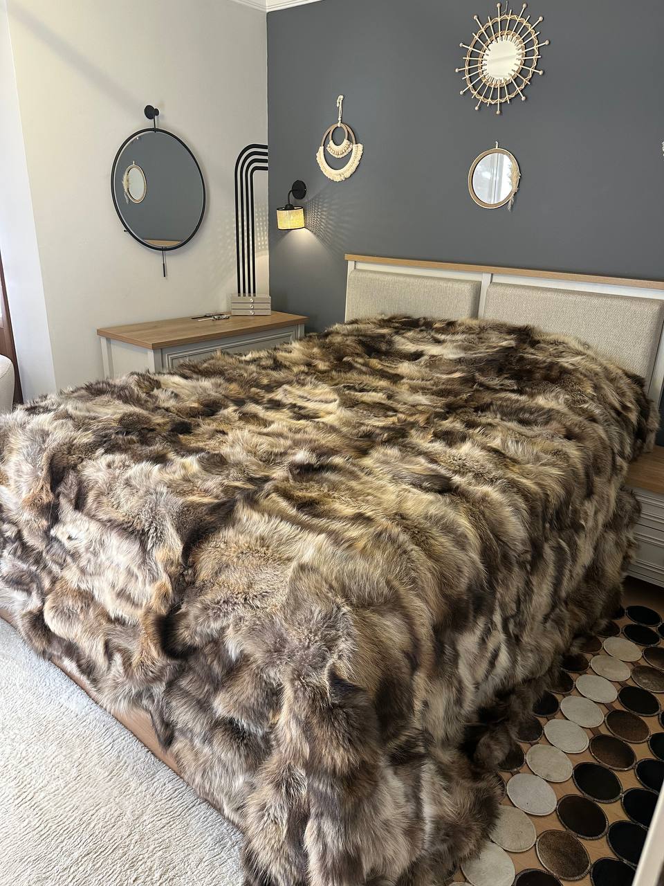 Handmade Natural Raccoon Fur Bedspread, 100% Handmade Shaggy Throw Blanket