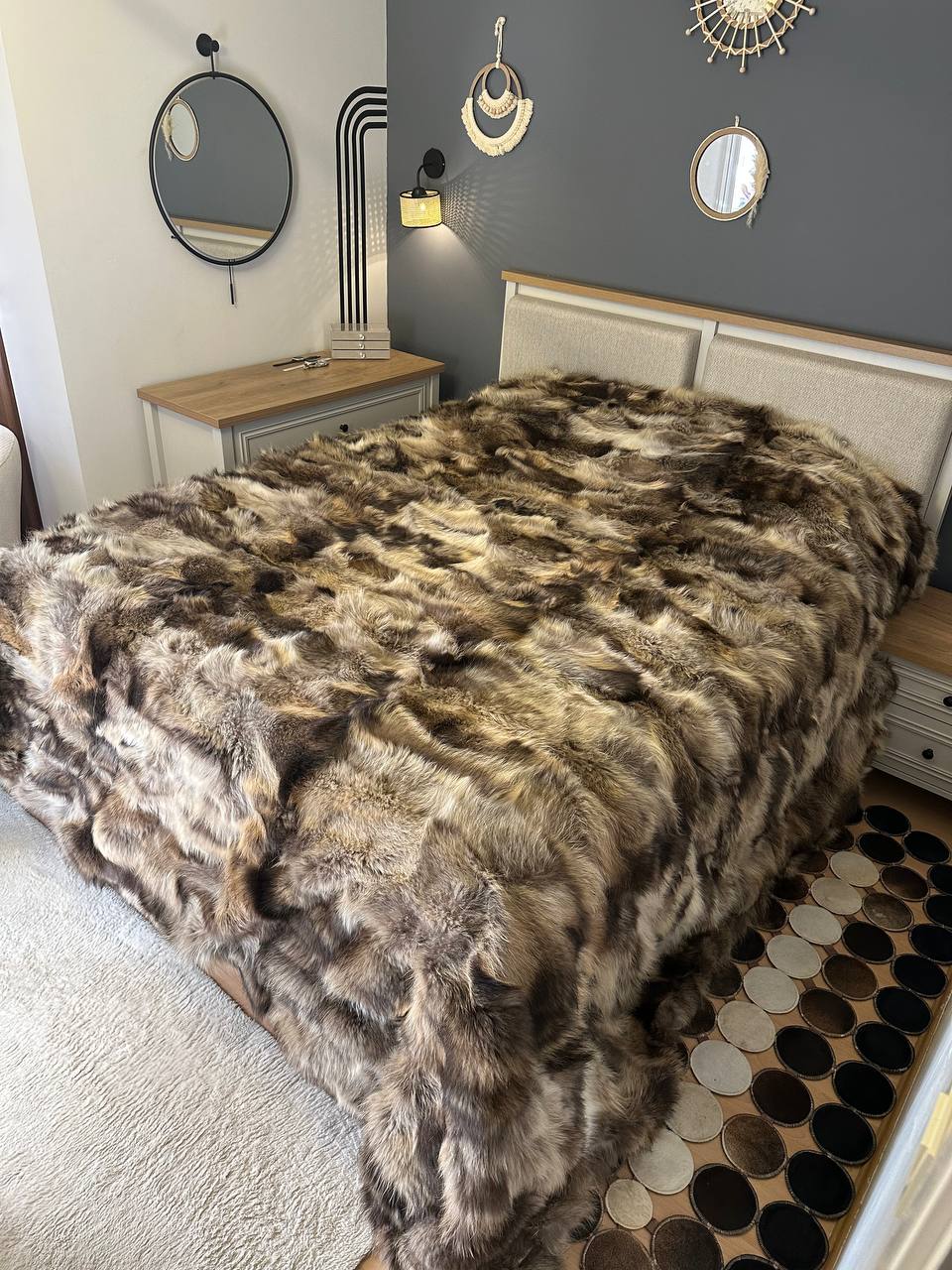 Handmade Natural Raccoon Fur Bedspread, 100% Handmade Shaggy Throw Blanket