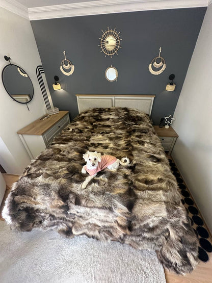 Handmade Natural Raccoon Fur Bedspread, 100% Handmade Shaggy Throw Blanket