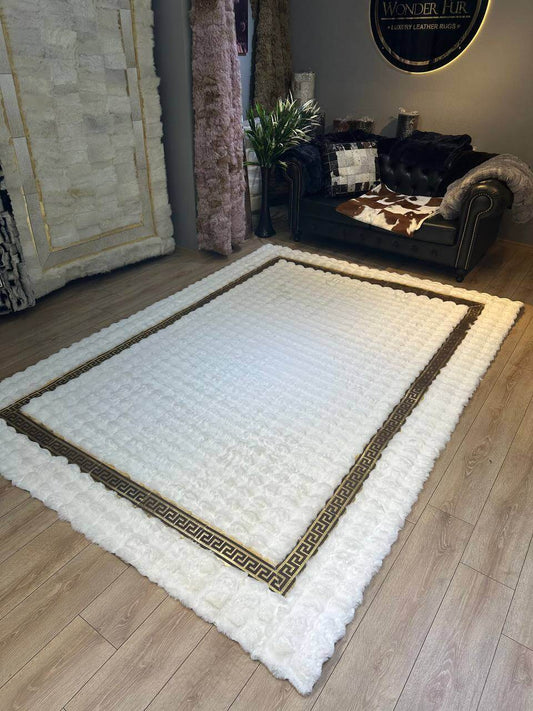 Elegant Extra Soft Handmade White And Gold Faux Fur Large Bedroom Rug