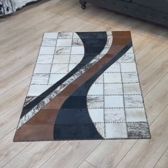 Tricolor Patchwork Original Cowhide Rug , Modern Office Non Slip Rug