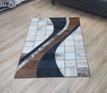 Tricolor Patchwork Original Cowhide Rug , Modern Office Non Slip Rug