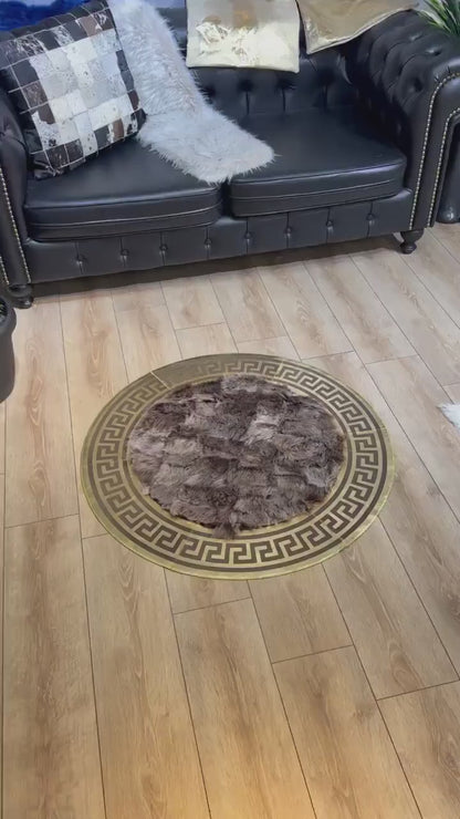 Brown Gold Luxury Natural Sheepskin Round Rug, Handmade Unique Soft Rug
