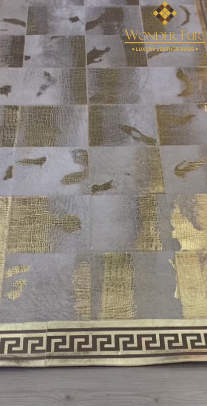 Unique Natural Sheepskin Gold-Edged Grey Area Rug with Elegant Gold Accents