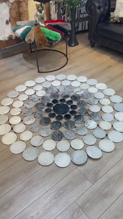 Unique Design Tricolor Natural Cowhide Round Rug, Elegance Handmade Cow Skin Carpet
