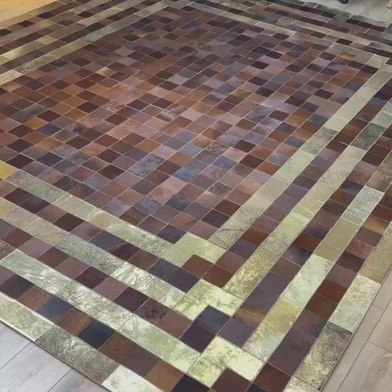 Luxury Handmade Brown And Gold Large Area Rug , 10x12 Patchwork Carpet