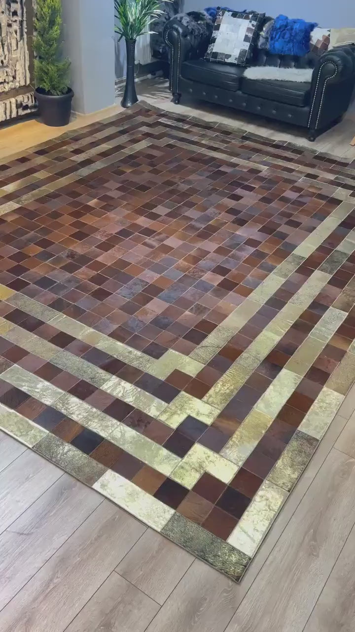 Luxury Handmade Brown And Gold Large Area Rug , 10x12 Patchwork Carpet