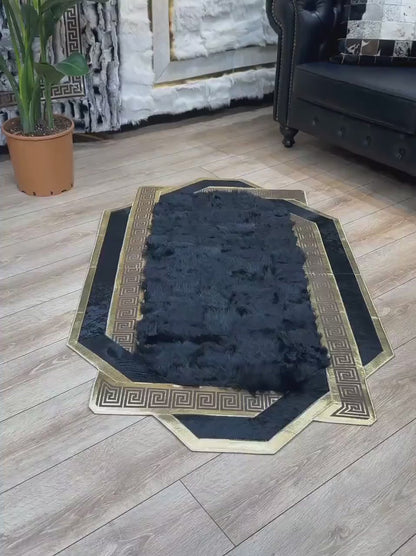 Unique Black Gold Real Sheepskin Area Rug, Shaggy Fluffy Handmade Luxury Rug