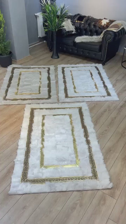 White Gold Fluffy Shaggy Sheepskin Runner Rug, Handmade Hallway Elegance