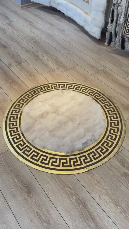 White Gold Fluffy Natural Sheepskin Round Rug, Farmhouse Home Lamb Fur Rug