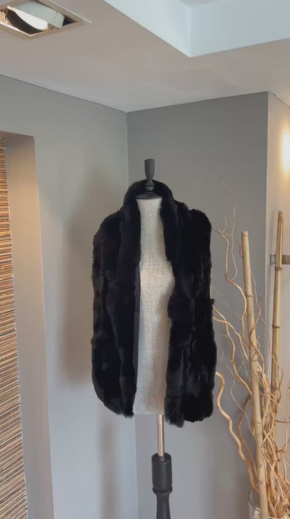 Black Handmade Genuine Rex Rabbit Fur Scarf