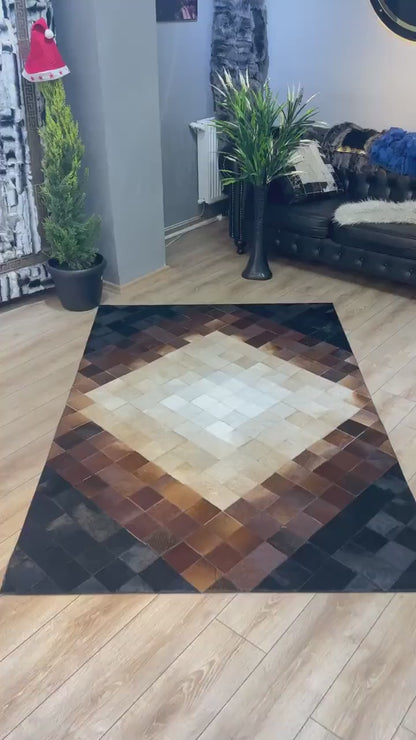 Luxury Patchwork Tricolor Genuine Cowhide Area Rug , Handmade 5x7 Rug