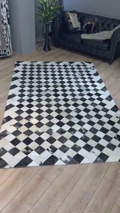 Handmade Checkers Black And White Genuine Cowhide Leather 6x8 Area Rug