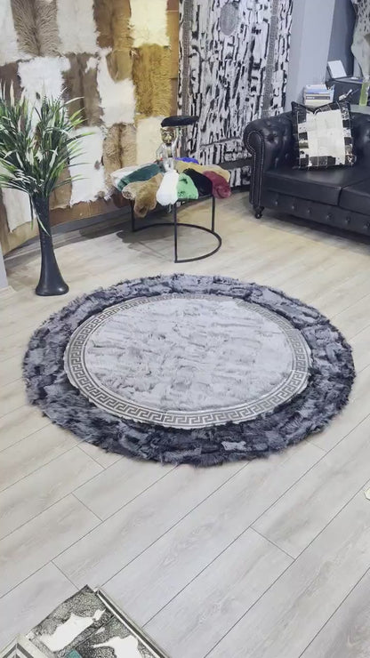 Gray Natural Sheepskin Handmade Round Rug for Entrance, Ultra Soft Non Slip Rug