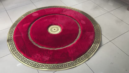 Elegant Gold and Red Faux fur Round Rug, Handmade Plush Area Rug