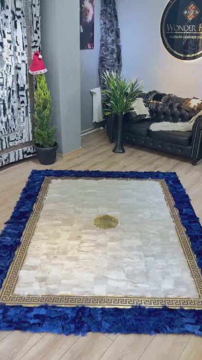 Patchwork Handmade Blue White Natural Sheepskin Bedroom 6x8 Rug