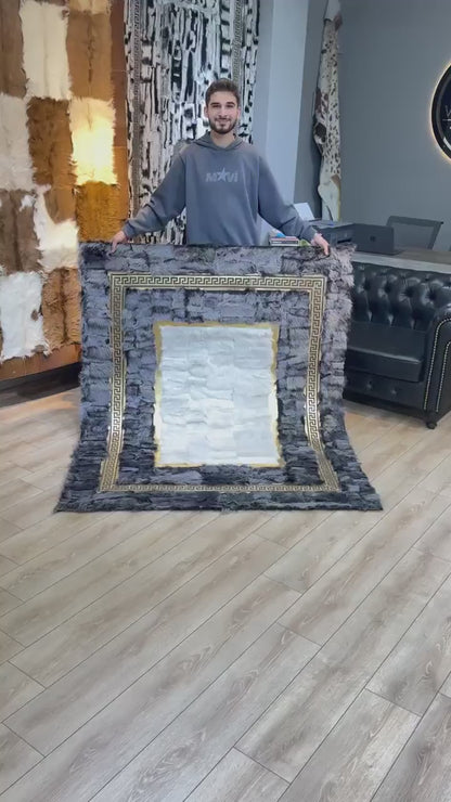 Luxury Gray White Natural Leather Area Rug, Handmade Real Sheepskin Rug