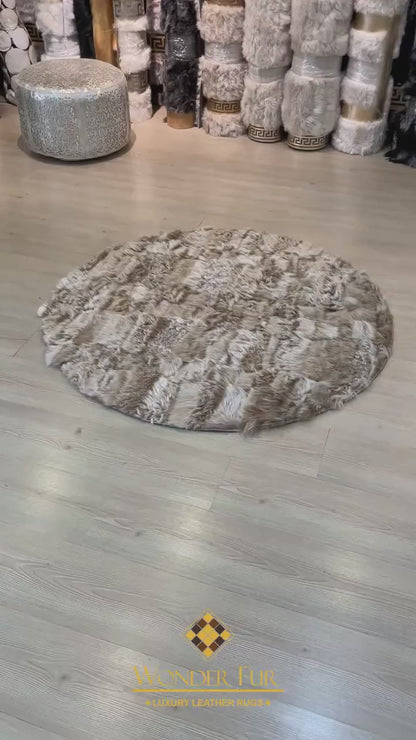 Beige 100% Genuine Sheepskin Round Rug, Handmade Fluffy Shaggy Area Rug