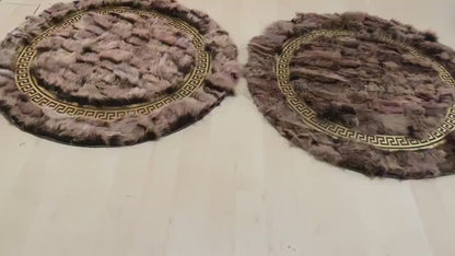 Handmade Soft Fluffy Gray Gold Original Sheepskin Non Slip Round Rug