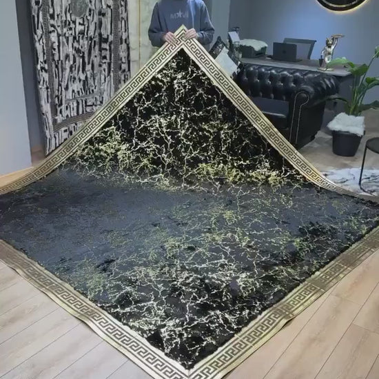 Handmade Elegant Black And Gold Faux Fur Large 10x12 Living Room Rug